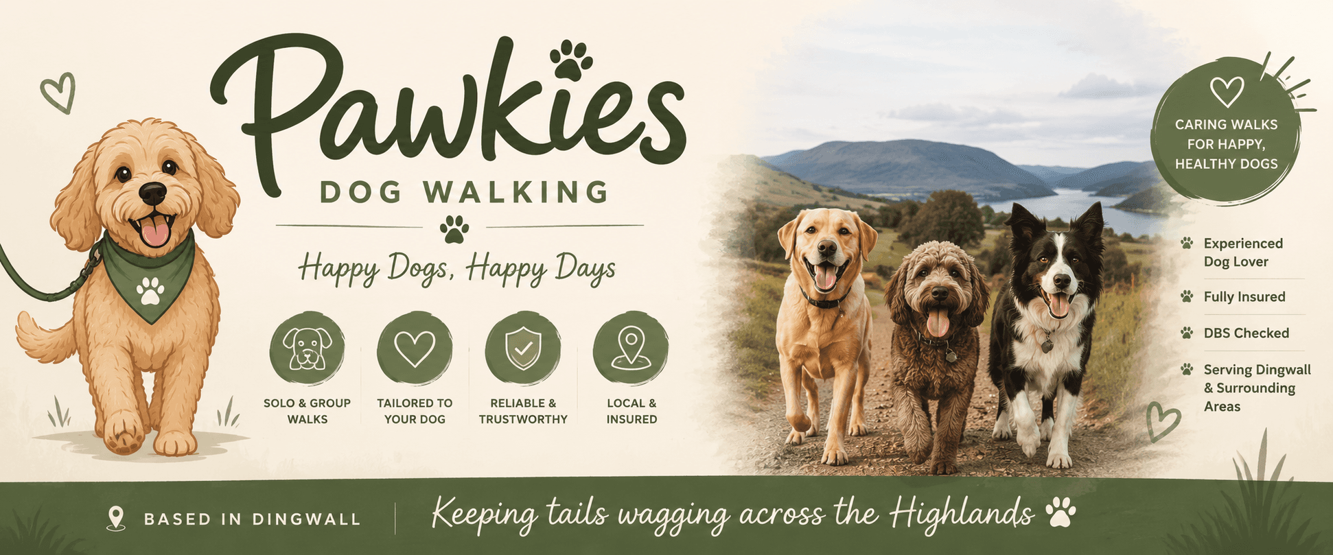 Pawkies โ Dog Walking. Happy Dogs, Happy Days. Based in Dingwall.